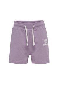 Shorts en coton violet avec une taille à cordon et un logo blanc sur le côté gauche. Caractérisés par une texture douce et un design simple.