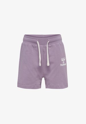 Shorts en coton violet avec une taille à cordon et un logo blanc sur le côté gauche. Caractérisés par une texture douce et un design simple.