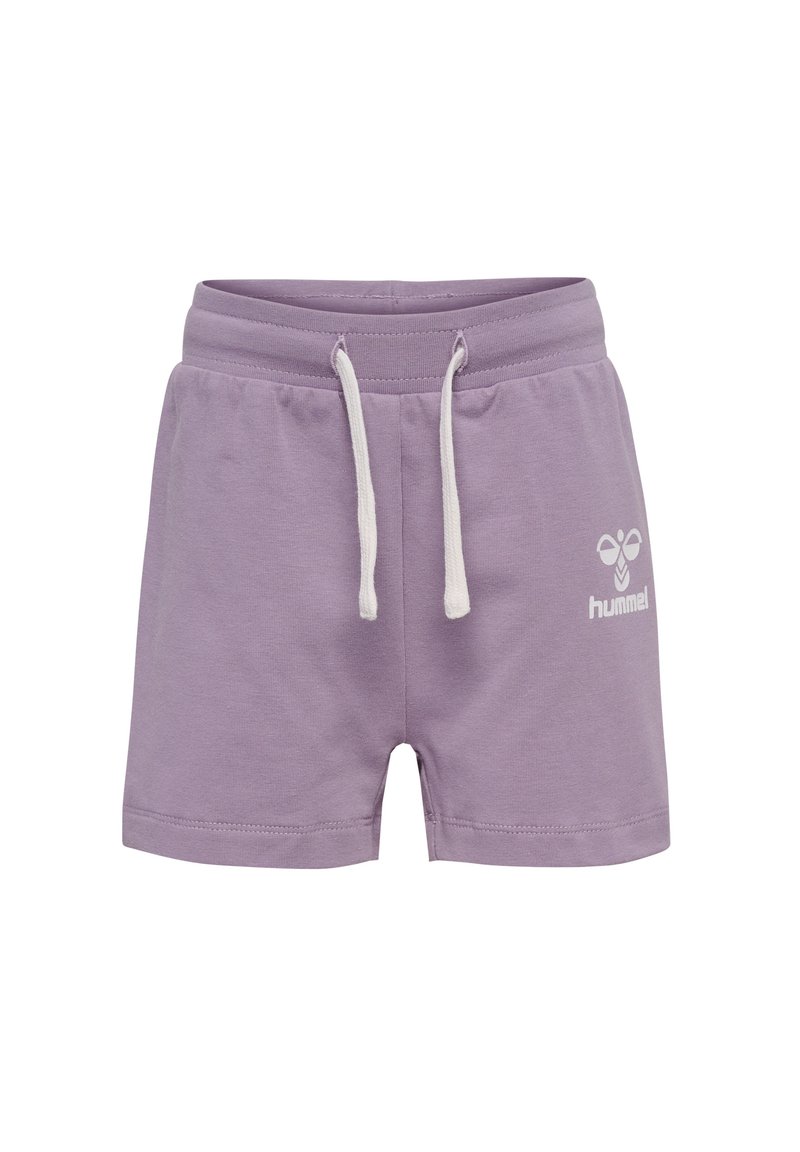Shorts en coton violet avec une taille à cordon et un logo blanc sur le côté gauche. Caractérisés par une texture douce et un design simple.