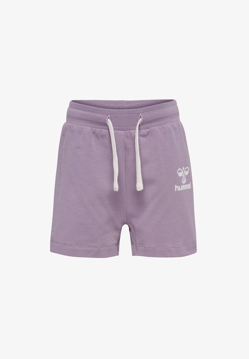 Shorts en coton violet avec une taille à cordon et un logo blanc sur le côté gauche. Caractérisés par une texture douce et un design simple.