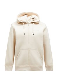 Beige lynlås hoodie lavet af blødt bomuldsblanding, med hætte med snoretræk, to forlommer og ribkant ved ærmerne og kanten.