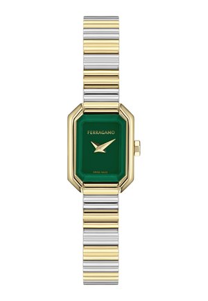 Gold and silver metal watch with a green octagonal face, featuring a minimalist design and textured strap with alternating colored links.