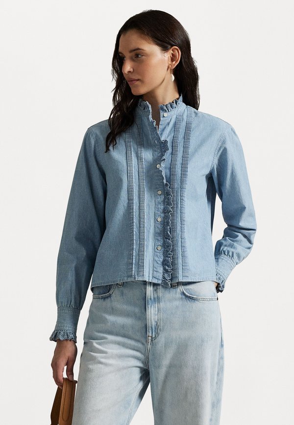 RUFFLE TRIM CHAMBRAY TOP - Button-down blouse - chambray