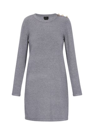 Abito grigio a maniche lunghe realizzato in tessuto morbido. Presenta un colletto rotondo e bottoni decorativi sulla spalla. Texture liscia in tutto il capo.