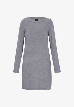 Grå langærmet kjole lavet af blødt stof. Har en rund halsudskæring og dekorative knapper på skulderen. Glat tekstur hele vejen igennem.