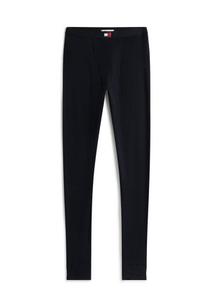 Svarta leggings gjorda av elastiskt tyg, med en bekväm midja, kroppsnära passform och en förstärkt panel framtill.