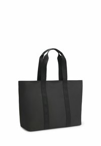 Black rectangular tote bag with two long handles and subtle "HUGO" logo on the front, against a white background.