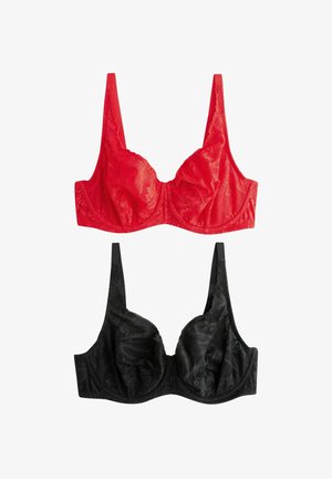 Reggiseni in pizzo rosso e nero con imbottitura e spalline regolabili. Entrambi presentano motivi floreali e tessuti morbidi.