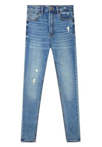 Kapeat siniset farkut, joissa on kulutettu denim, kevyt haalistuminen, repaleiset yksityiskohdat, tavanomainen viisi taskua -malle, sekä vetoketjuluukku nappikiinnityksellä.