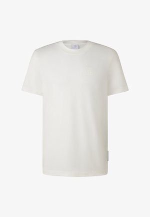 Witte T-shirt met korte mouwen, gemaakt van zachte katoen. Voorzien van een subtiel reliëflogo op de borst en een standaard ronde hals.