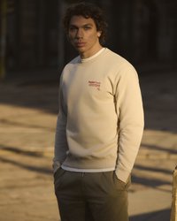 Beige crewneck sweatshirt with embroidered red logo on chest, paired with olive green pants, featuring a close-fitting design and smooth texture.