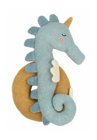 Soft plush seahorse toy in blue and tan, featuring a curled tail, dorsal spikes, and embroidered facial details with a white fin accent.