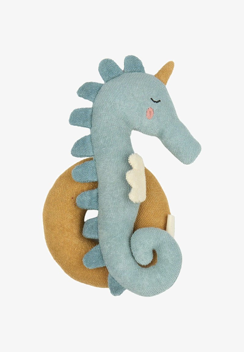 Soft plush seahorse toy in blue and tan, featuring a curled tail, dorsal spikes, and embroidered facial details with a white fin accent.