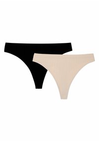 Dwie pary damskich stringów w kolorze czarnym i beżowym, wykonane z miękkiego, elastycznego materiału o gładkiej fakturze i neutralnej palecie kolorów.
