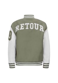 Olijfgroene bomberjack met witte mouwen, voorzien van "RETOUR" in witte borduursel op de achterkant en gestreepte ribgebreide kraag en manchetten.