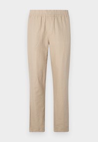 Beige Leinenhose mit elastischem Bund, geradem Beinschnitt und minimalen Nähten für eine glatte Textur und ein leichtes Tragegefühl.