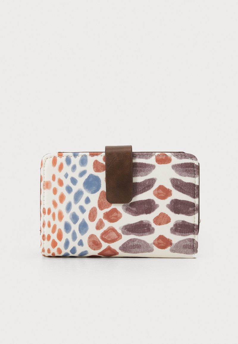 Textured wallet with a white base and colorful abstract patterns in orange, blue, and purple. Features a brown leather clasp closure.