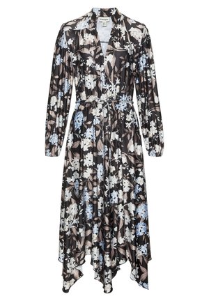 Schwarzes Midikleid mit hellblau-weißem Blumenmuster, langen Ärmeln, V-Ausschnitt, geraffter Taille mit Gürtel und asymmetrischem Saum.