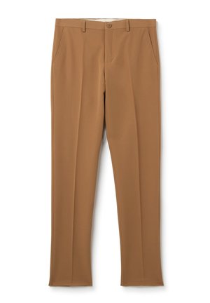 Beige broek met een gladde textuur, flat front en twee zijzakken. Voorzien van een knoopsluiting en riemlussen. Rechte pijpdesign.