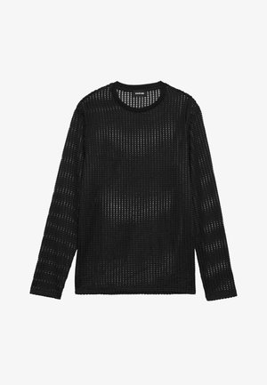 Black long-sleeve shirt made of a textured open-knit fabric. Features a round neckline and relaxed fit with straight hem.
