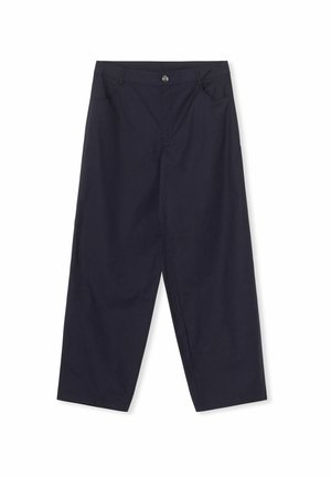 Marineblaue Hose aus strukturiertem Stoff, mit einem Knopfverschluss, zwei vorderen Taschen und einem lockeren Schnitt.