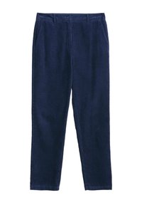 Mornarske kord trouserje s ravnim krojem, sprednjimi žepi in gumbnim zapiranjem. Tkanina ima izrazito vertikalno rebrasto teksturo.