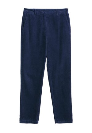 Sötétkék kordbársony nadrág egyenes szabással, elülső zsebekkel és gombos zárással. Az anyag különleges függőleges bordázott textúrával rendelkezik.