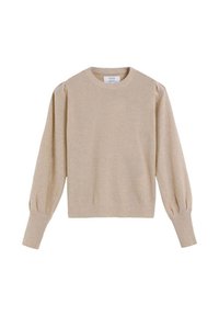 Suéter de punto beige con cuello redondo, mangas largas abullonadas y puños acanalados. Textura suave y diseño simple para una versatilidad en el uso en capas.
