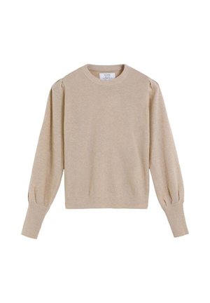 Suéter de punto beige con cuello redondo, mangas largas abullonadas y puños acanalados. Textura suave y diseño simple para una versatilidad en el uso en capas.