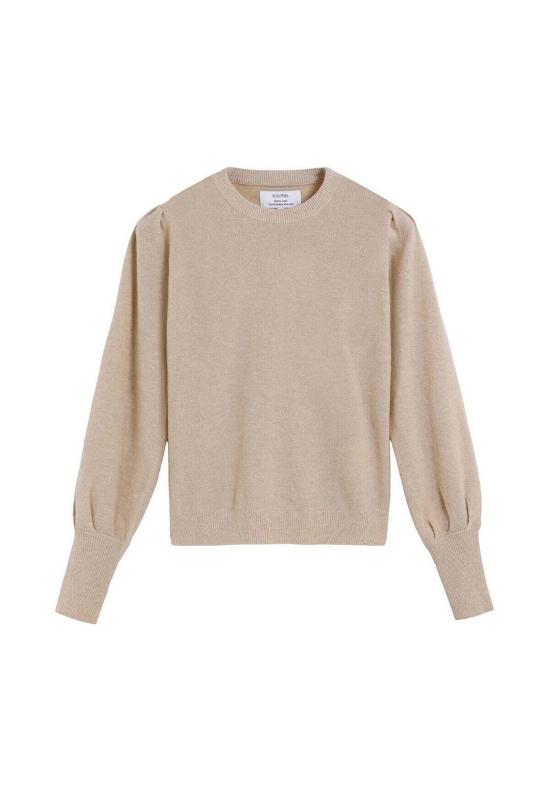 Suéter de punto beige con cuello redondo, mangas largas abullonadas y puños acanalados. Textura suave y diseño simple para una versatilidad en el uso en capas.
