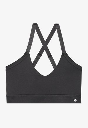 Top sportivo nero con scollatura a V, spalline incrociate e design elegante. Realizzato in tessuto morbido con un logo discreto sul lato inferiore destro.