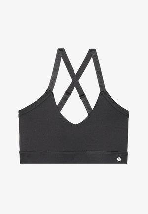 Black sports bra with a V-neck, crossover straps, and a sleek design. Made from smooth fabric with a subtle logo on the lower right side.