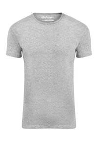 Graues Kurzarm-T-Shirt aus Baumwollmischgewebe. Klassisches Rundhalsausschnitt-Design mit glatter Textur und ohne sichtbare Muster oder Akzente.