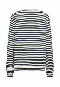 Long-sleeve shirt with black and white horizontal stripes, crew neck, and cuffed sleeves, shown from the back on a white background.