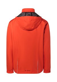 Rode waterdichte jas met capuchon, voorzien van elastische manchetten, ventilatiemesh in de capuchon en reflecterende accenten langs de zijkanten.