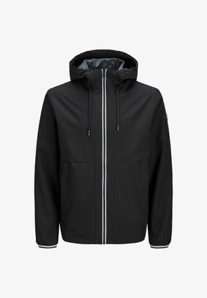 Veste imperméable noire avec capuche, fermeture éclair sur le devant, deux grandes poches et poignets élastiques avec une accent de rayure blanche le long de la fermeture.