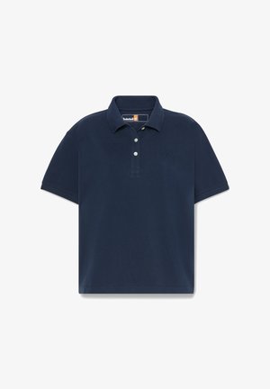 Marineblauw polohemd met korte mouwen, kraag, drie witte knopen en het Timberland-logo op het label aan de binnenkant van de nek.
