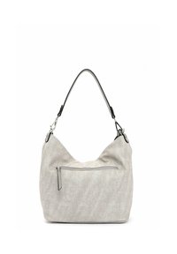 Sac à main en tissu gris à la forme décontractée, doté d'une poche zippée avant et d'une bandoulière noire incurvée, avec des finitions en métal argenté.