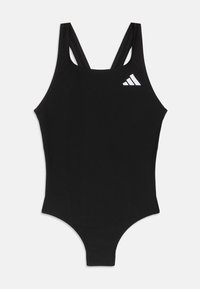 Sort heldragt badedragt med dobbelte skulderstropper og en lille hvid adidas-logo på brystet.