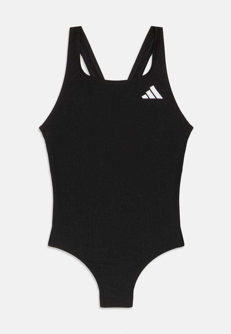 Sort heldragt badedragt med dobbelte skulderstropper og en lille hvid adidas-logo på brystet.