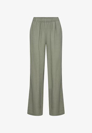 Heledad roheline, laiad püksid pehmest kangast, millel on elastne talje ja lihtne sirge siluett. Taskuteta ja ilma lisadeta.