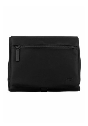Trousse de toilette de voyage rectangulaire noire avec poche zippée avant et tissu texturé durable, design compact et pliable.