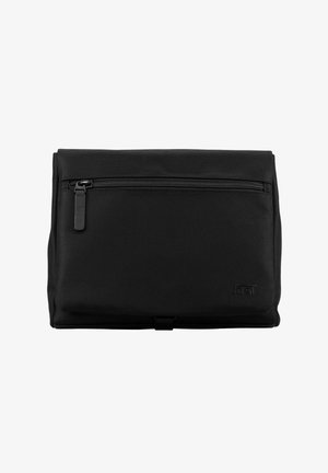 Trousse de toilette de voyage rectangulaire noire avec poche zippée avant et tissu texturé durable, design compact et pliable.