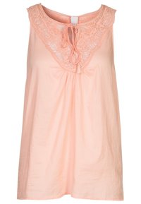 Peach-colored sleeveless top made from soft fabric, featuring a floral lace yoke and a tie detail at the neckline, with a loose fit.