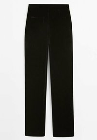 Pantalon en velours côtelé noir à coupe droite, avec deux poches arrière et une texture lisse. Design simple sans ornements.