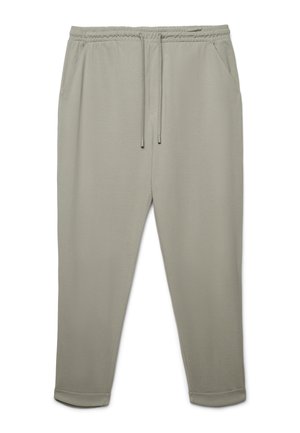 Light grey jogger pants made of soft fabric, featuring an elastic waistband with drawstring, side pockets, and cuffed ankles.