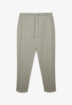 Light grey jogger pants made of soft fabric, featuring an elastic waistband with drawstring, side pockets, and cuffed ankles.