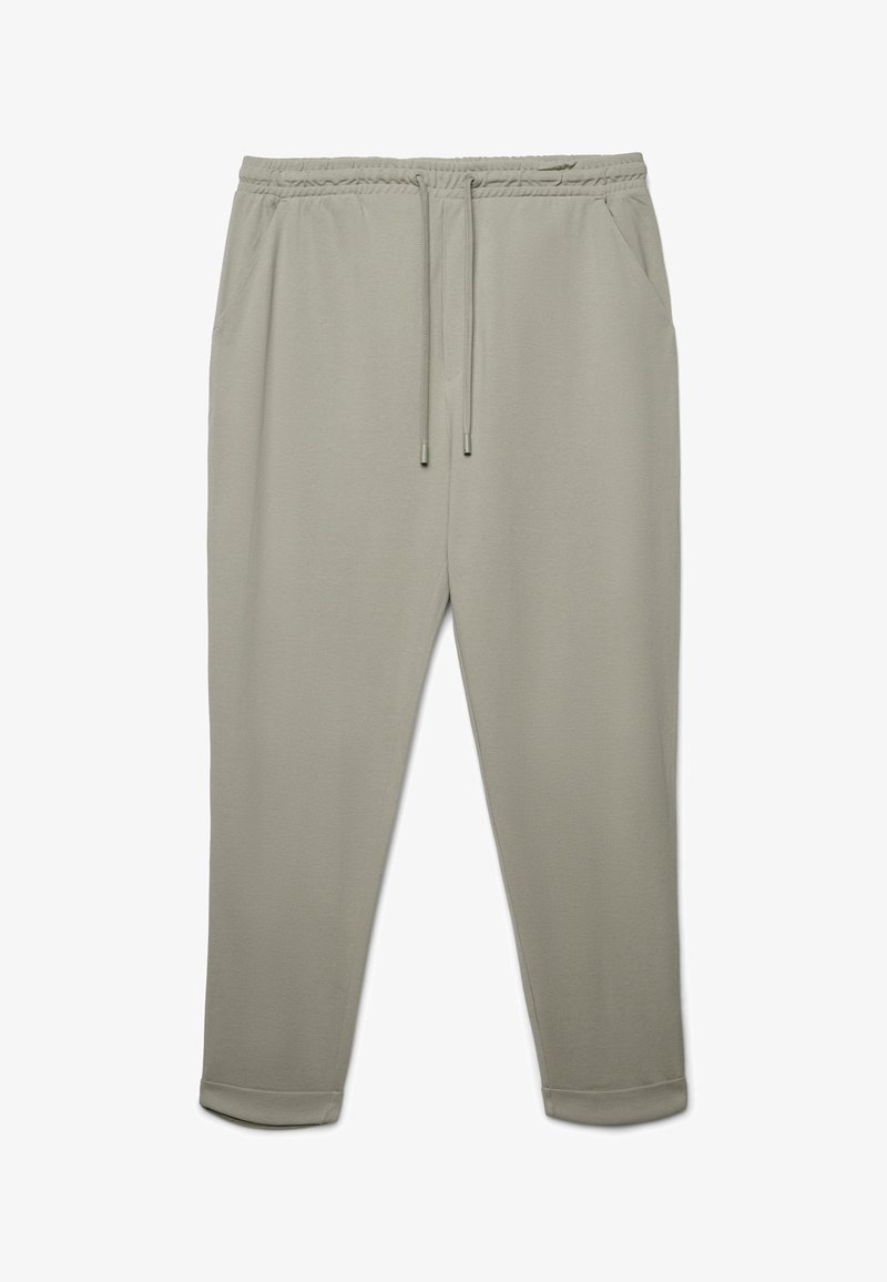 Pantaloni jogger grigio chiaro realizzati in tessuto morbido, con vita elasticizzata con coulisse, tasche laterali e polsini sulle caviglie.