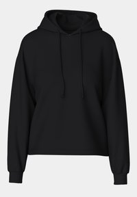 Μαύρο φούτερ με κουκούλα και χαλαρή εφαρμογή, μακριά μανίκια και ρυθμιζόμενα κορδόνια στη λαιμόκοψη. Ομαλή υφή υφάσματος.