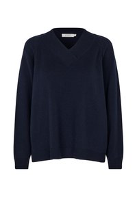 Granatowy sweter robiony na drutach z dekoltem w serek, długimi rękawami, ściągaczami na mankietach i u dołu. Charakteryzuje się luźnym krojem i subtelną teksturą.